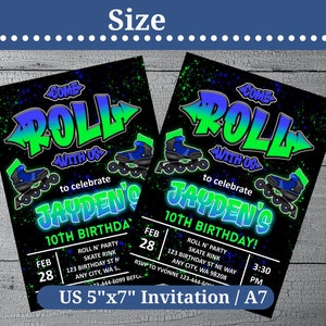 Skate Party Invitation, Neon Birthday Skate Rink Invite for boys 5th, 6th, 7th, 8th, 9th, 10th, Any Age, Instant Digital Download image 5