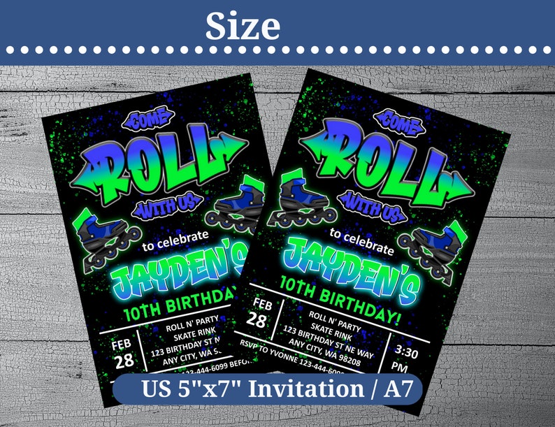 Skate Party Invitation, Neon Birthday Skate Rink Invite for boys 5th, 6th, 7th, 8th, 9th, 10th, Any Age, Instant Digital Download image 5