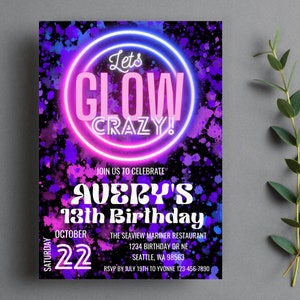 Editable Neon Glow Birthday Party Invitation, Glow in the Dark Led Blacklight Party Invite Template for Girls, Instant Digital Download