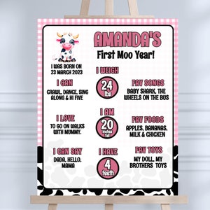 Holy Cow I'm One Birthday Milestone Chart, Poster della prima festa per ragazze a tema mucca, Primo animale da cortile della fattoria, modello di cartello rustico, HC1