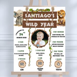 Bearbeitbares Wild One Geburtstags-Meilensteinzeichen, Safari-Dschungel-Thema Plakat, 1. Tieranzeige für Jungen-Mädchen-Party, digitaler Download WO1