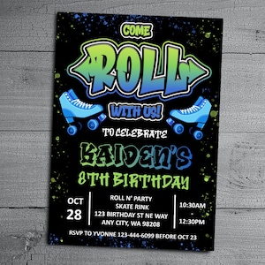 Skate Party Invitation, Neon Birthday Skate Rink Invite for boys 5th, 6th, 7th, 8th, 9th, 10th, Any Age, Instant Digital Download
