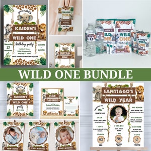 Pacchetto modificabile per festa di compleanno a tema Wild One Safari Jungle, invito con animali per il primo compleanno per feste per ragazzi e ragazze, download digitale WO1
