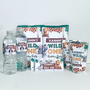 Editable Wild One Birthday Party Favor Labels Bundle, Safari Jungle Theme Labels, 1st Animals Candy Chocolate Chip Bag Juice Water WO1
