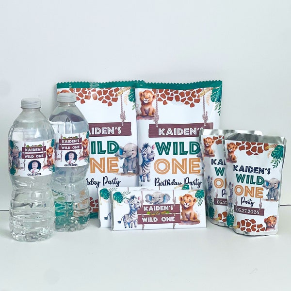 Editable Wild One Birthday Party Favor Labels Bundle, Safari Jungle Theme Labels, 1st Animals Candy Chocolate Chip Bag Juice Water WO1