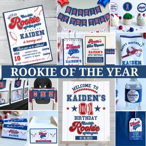 Editable Rookie of the Year Baseball Birthday Party Decor Bundle,  Boys 1st Birthday Party Invitation Set, Digital Download Package RK01