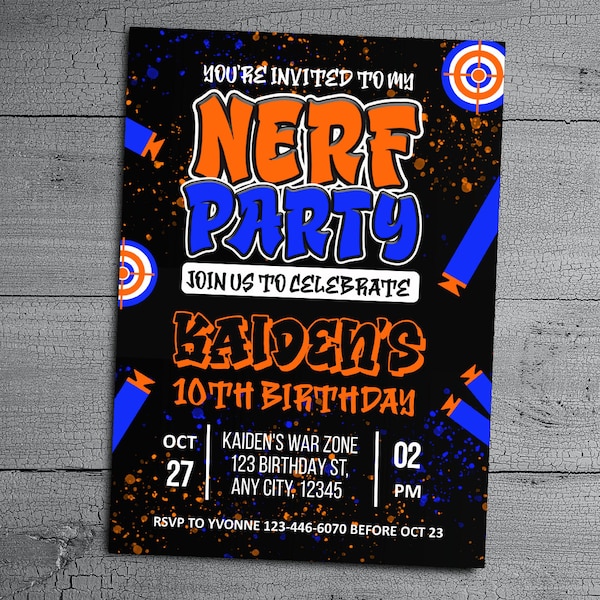 Invitation d’anniversaire Nerf modifiable, invitation à une fête Dart Gun pour la fête d’anniversaire des garçons, modèle de fête Nerf, téléchargement instantané numérique