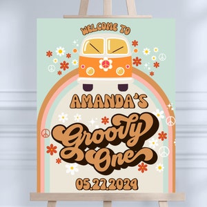 Groovy One Birthday Sign di benvenuto per ragazze Festa a tema retrò anni '70, Display per ragazze cool anni '60, Arredamento poster vintage per furgone, Download digitale GO1