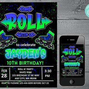 Skate Party Invitation, Neon Birthday Skate Rink Invite for boys 5th, 6th, 7th, 8th, 9th, 10th, Any Age, Instant Digital Download image 2