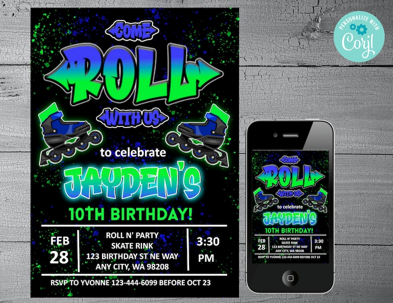 Skate Party Invitation, Neon Birthday Skate Rink Invite for boys 5th, 6th, 7th, 8th, 9th, 10th, Any Age, Instant Digital Download image 2