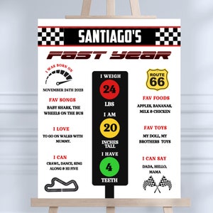 Segno di pietra miliare della festa di compleanno di una corsa automobilistica veloce modificabile, poster a tema corse, primo display per la prima festa dei ragazzi, download digitale FO1