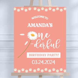 Cartello di benvenuto per il primo compleanno di Daisy, poster della prima festa in giardino per ragazze, download digitale a tema margherite modificabili, primo display floreale pastello - DO1