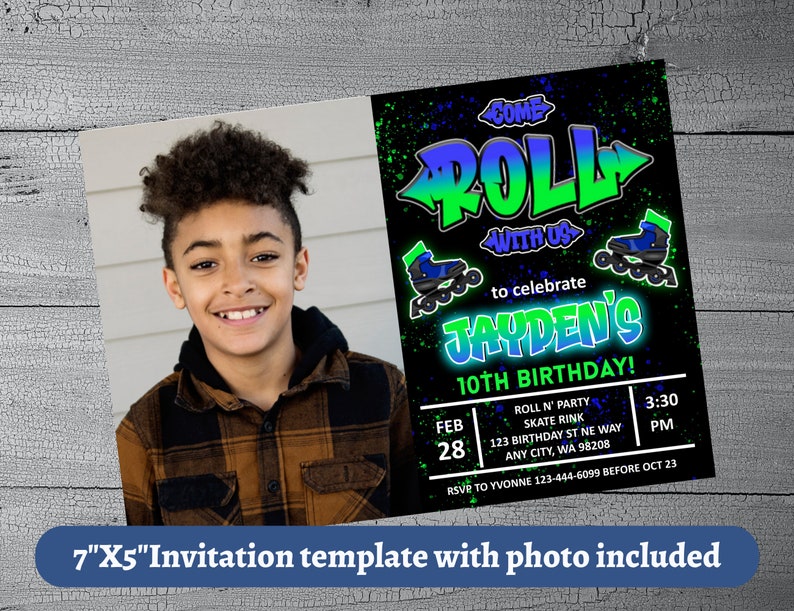 Skate Party Invitation, Neon Birthday Skate Rink Invite for boys 5th, 6th, 7th, 8th, 9th, 10th, Any Age, Instant Digital Download image 3