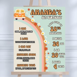 Groovy One Birthday Milestone Chart Sign per ragazze Festa a tema retrò anni '70, Display per ragazze cool anni '60, Arredamento poster vintage per furgone Scarica GO1