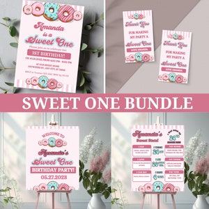 Pacote de festa de primeiro aniversário Sweet One Donut para meninas, convite de primeira festa de sobremesa de donut, download digital de decoração de suprimentos de festa correspondentes SO1