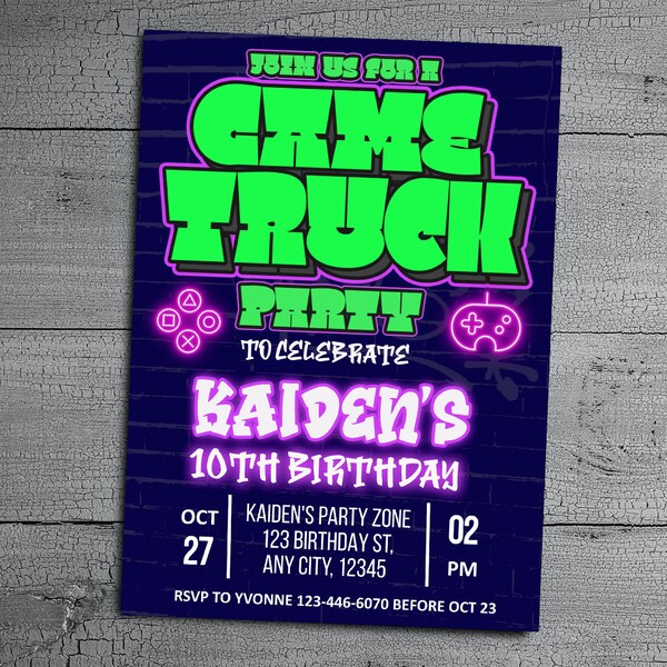 Editable Game Truck Birthday Party Invitation,  Gamer Birthday Party Invite, Video Gaming Digital Printable template, Instant Download