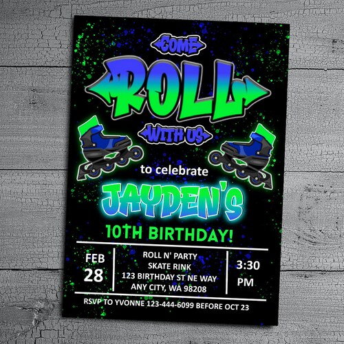 Invito alla festa di pattinaggio, invito alla pista di pattinaggio al compleanno al neon per ragazzi 5, 6, 7, 8, 9, 10, qualsiasi età, download digitale istantaneo