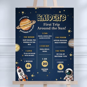 太陽の周りを初めて旅する宇宙誕生日パーティーのマイルストーンサイン、編集可能なポスター 男の子向け 1 回目のポスター、宇宙飛行士テーマの印刷可能 - FT01
