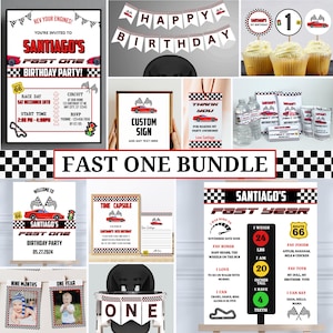 Pacchetto festa di compleanno a tema Fast One Car Racing modificabile, set di modelli di invito per auto del primo compleanno per festa per ragazzi, download digitale FO1