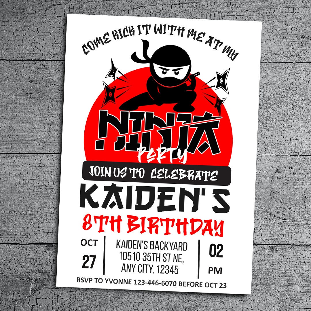 Ninja Birthday Invitation Template, Editable Kids Ninja Party Invite