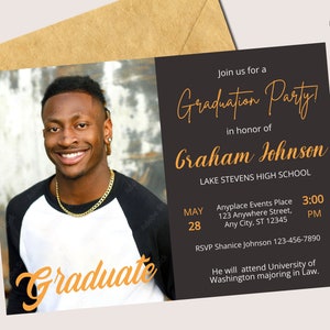 Plantilla editable de invitación a la fiesta de graduación con fotos, descarga digital instantánea para niños, anuncio de graduado senior, invitación impresa a la celebración