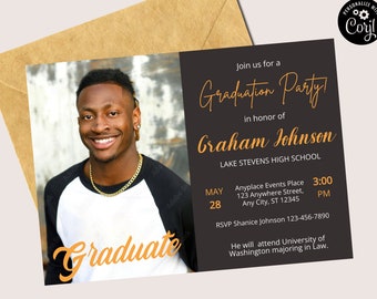 Editable Graduation Party Invitation Template with Photos, boys Instant Digital Download, Senior Grad Announcement, Print Celebration Invite