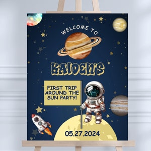 Modello di cartello di benvenuto per la festa di compleanno dello spazio esterno del primo viaggio intorno al sole, invito modificabile per il primo ragazzo, tema astronauta stampabile digitale FT01