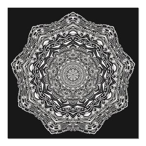 May include: A black and white mandala design with intricate details and a circular pattern. The mandala is symmetrical and has a star-like shape.