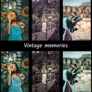Könnte beinhalten: Eine Collage aus sechs Bildern, die eine Frau in einem blauen Jeans-Overallkleid und einer Sonnenblume, zwei Frauen, die auf einer Holzbrücke in einer Dschungellandschaft spazieren, und eine Frau in einem blauen Jeanshemd, die sich aus einem Autofenster lehnt und die Hand hebt, zeigen.