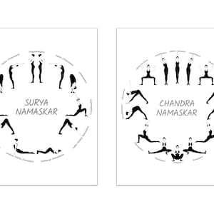 Puede incluir: Una ilustración en blanco y negro de las posturas de yoga Surya Namaskar y Chandra Namaskar. Las posturas están dispuestas en un círculo con los nombres de las posturas escritos alrededor del exterior.
