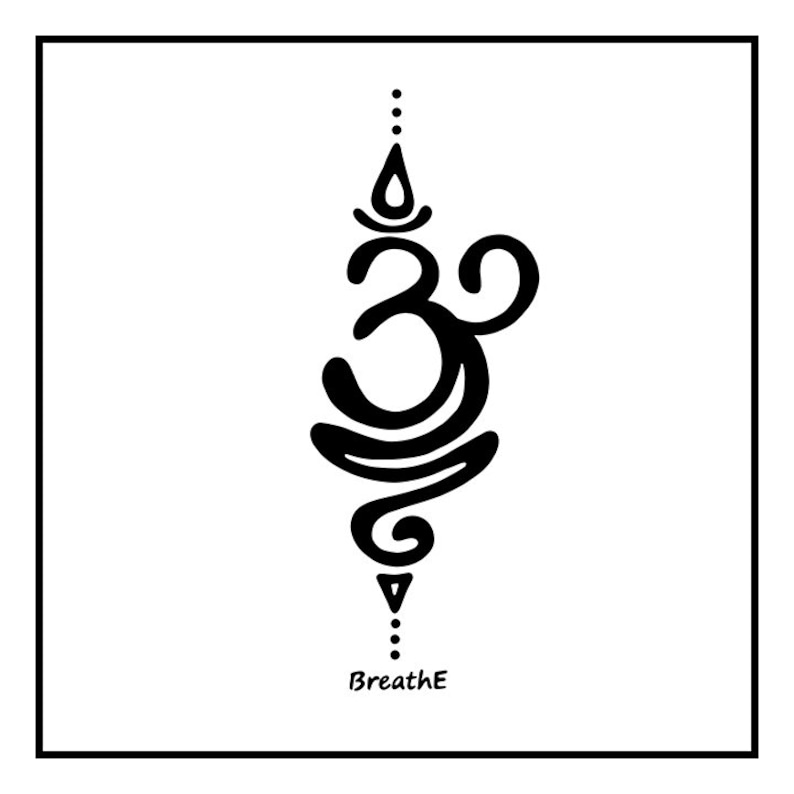 以下が含まれることがあります： 「Breathe」という単語が書かれた、黒と白の線画のOmシンボルイラスト
