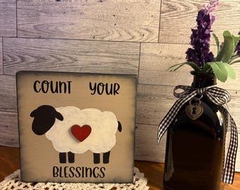 Rustic Wood Primitive Sheep Count Your Blessings Decor, Tiered Tray/Shelf Decor