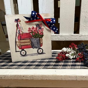 Patriotic Wagon/American Flag/Tier Tray Decor/Red, White & Blue/Independence Day/4th of July/Farmhouse/Small Wooden Patriotic Decor