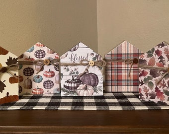 Handmade Fall Wooden House Decor, Pumpkin & Leaves Shelf Sitter