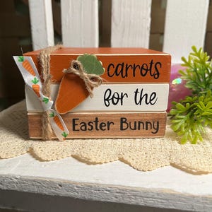 May include: A stack of three wooden blocks with the words "carrots for the Easter Bunny" in black lettering. The top block is orange, the middle is white, and the bottom is brown. A wooden carrot and ribbon with carrot designs are tied to the blocks.
