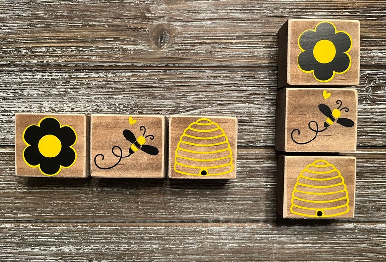 Set of 3 / Bee Wooden Blocks / Bee Shelf Decor / Bee Tray Decor / Bee ...