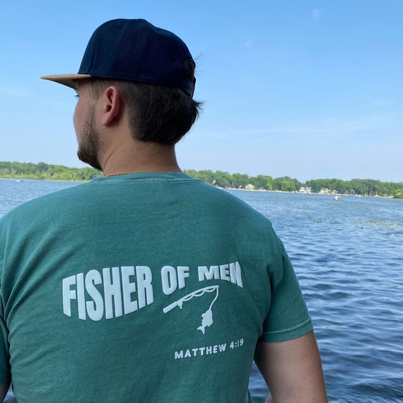Mens Fishing Tshirt, mens christian t-shirt, mens fisher of men t-shirt, fishing, christian shirts, Jesus t-shirts, words on back tshirt