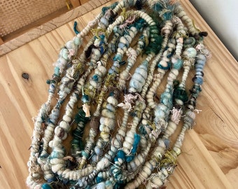 Bright Colorful Scrappy Handspun Art Yarn // Core Spun Coils - Weaving Tapestry Macrame - Scraps Sparkles Recycle Reuse Zero Waste