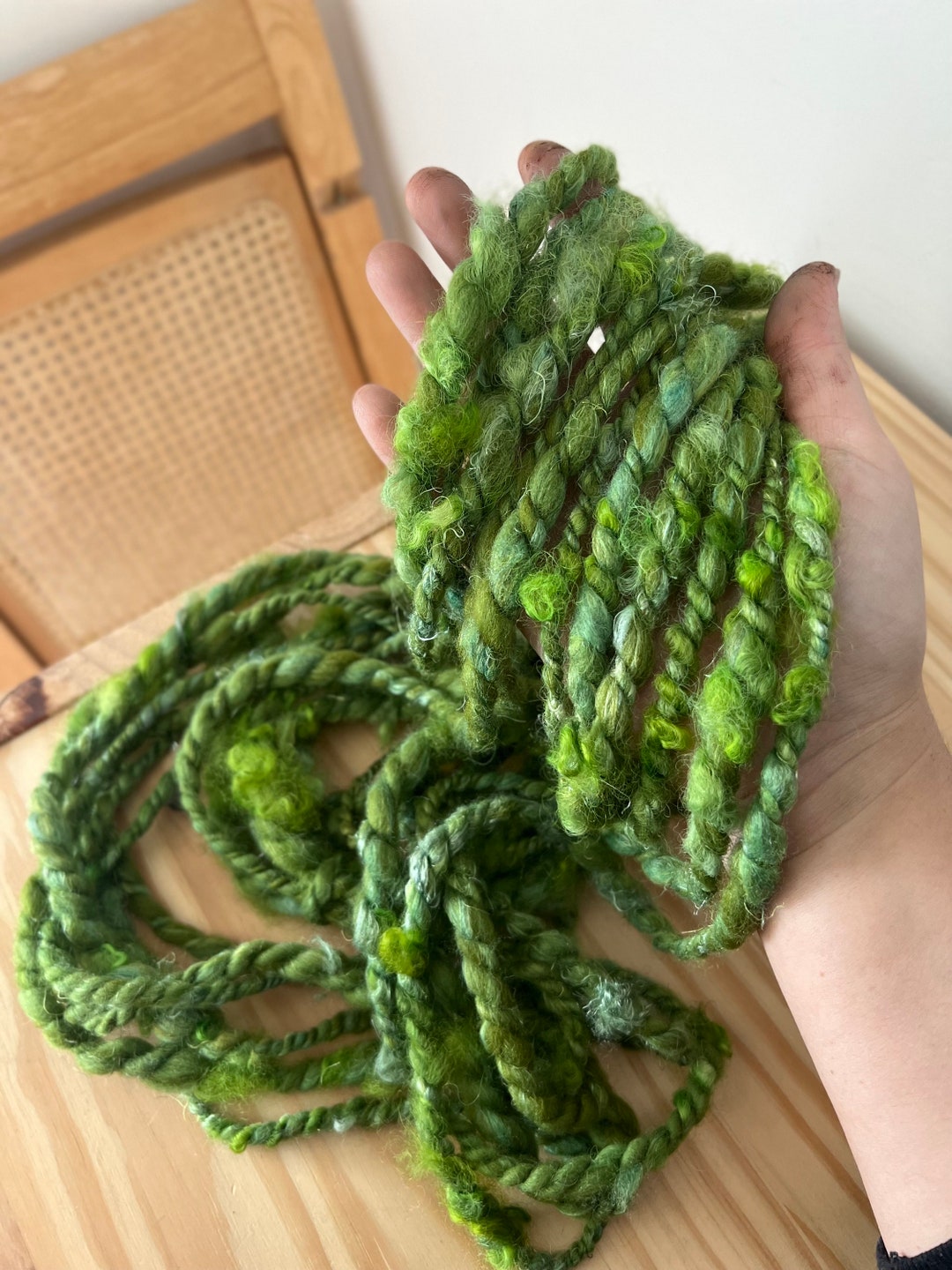 Handspun Green Scrap Yarn // Bulky Soft 2 Ply Recycled Reuse Sustainable Chartreuse Neon Sage