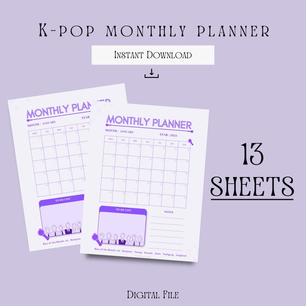 Kpop | BTS Inspired Monthly Printable Planner 2024 | Instant Digital Download | PDF