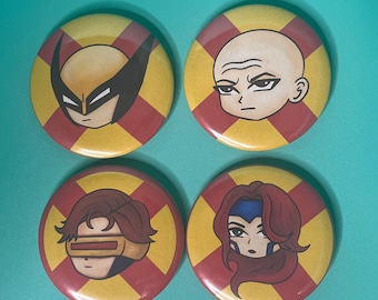 May include: Four round yellow and red buttons with cartoon character illustrations. The characters are Wolverine, Professor X, Jean Grey, and Cyclops.
