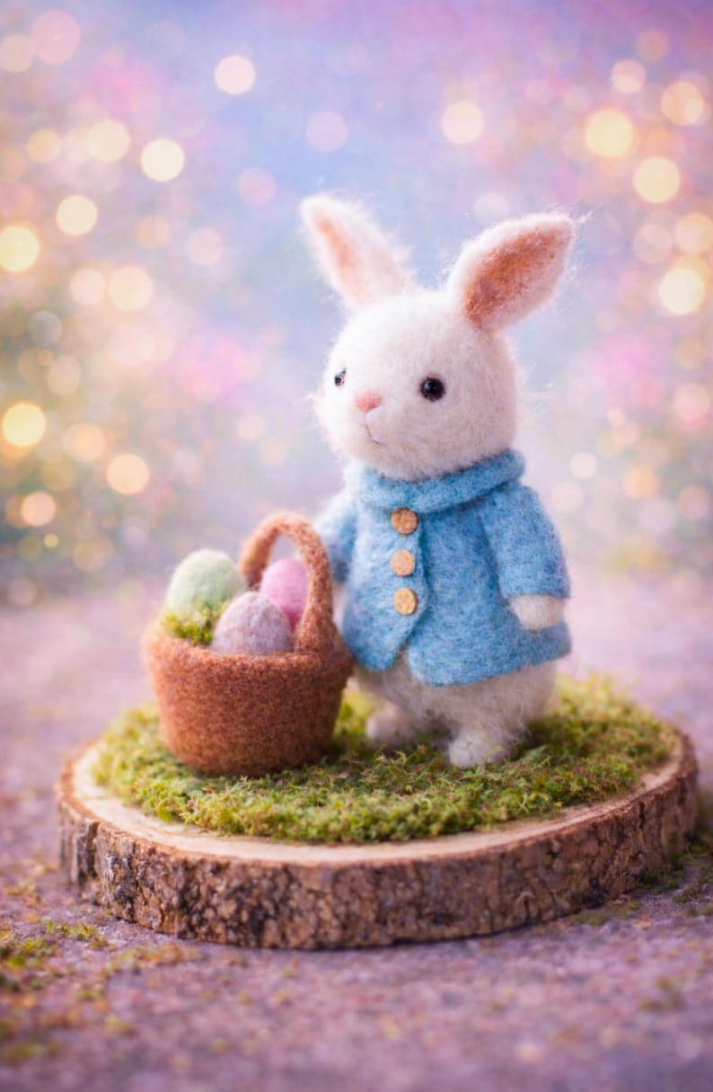 Needle Felted Easter Bunny With Basket of Eggs, Spring Rabbit Figurine ...