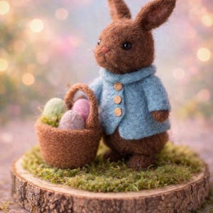 Puede incluir: Un conejo de fieltro marrón con una chaqueta azul claro con botones de madera, sosteniendo una pequeña cesta llena de huevos de colores pastel. El conejo está de pie sobre una rodaja de madera cubierta de musgo verde, con un fondo suave y borroso.