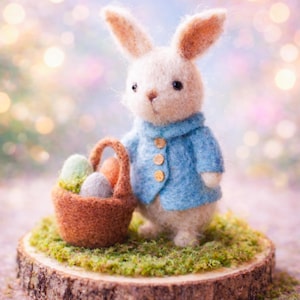 Puede incluir: Un conejo de fieltro hecho a mano con una chaqueta azul, sosteniendo una cesta con coloridos huevos de Pascua. El conejo está sobre una rodaja de madera cubierta de musgo verde, con un fondo suave y borroso. Una encantadora decoración de Pascua.