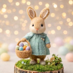 Conejo de Pascua de fieltro con aguja y cesta de huevos, adorable conejito de lana para decoración primaveral, figura de Pascua en tonos pastel sobre base de madera.
