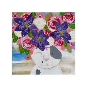 Fleurs de Chat Painting: Original Acrylic Cat Art on Wood