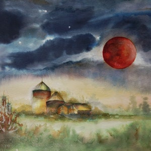 Harvest Moon watercolour painting, unframed artwork