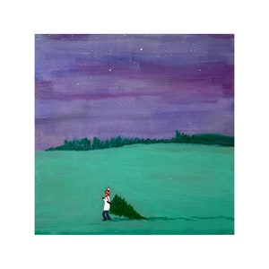 Christmas Eve original artwork, small painting, acrylic and ink on wood art.