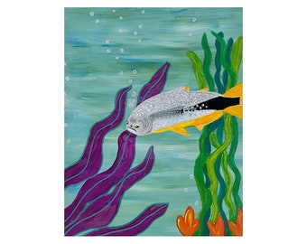 Grumpy Fish original acrylic and gouache painting, small space art, happy art, underwater painting