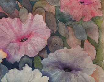 Pink Petunias original watercolour painting, unframed artwork